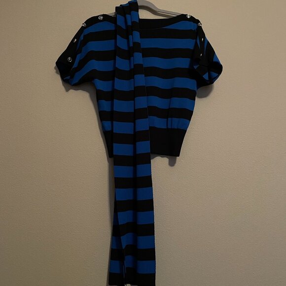 New York & Co.,GABRIELLE UNION, S Sweater Top, Scarf,Cobalt Blue Black Striped - Picture 1 of 12